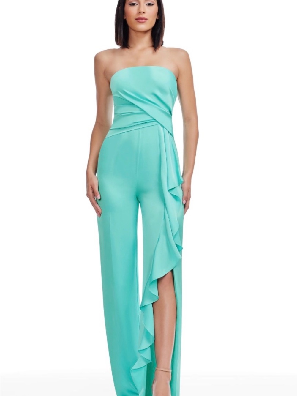 Dress The Population NWT Strapless Ruffle-Side Jumpsuit in Aqua